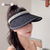 Women's Summer UV Protection Topless Sun Hat with Pearls - Black Rubber Wide Brim