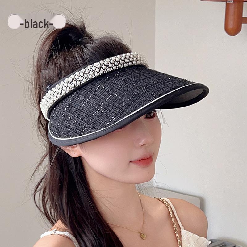 Women's Summer UV Protection Topless Sun Hat with Pearls - Black Rubber Wide Brim