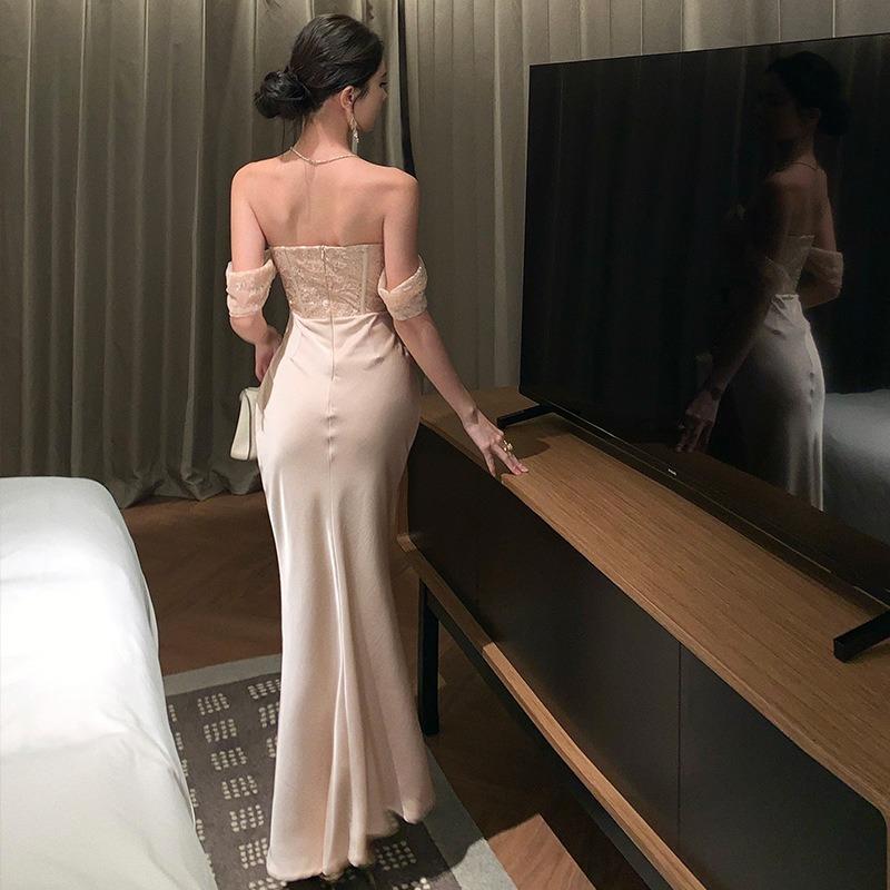 French Temperament One-word Shoulder Lace Tube Top Dress Women's Senior Sexy Backless Birthday Long Skirt Dress