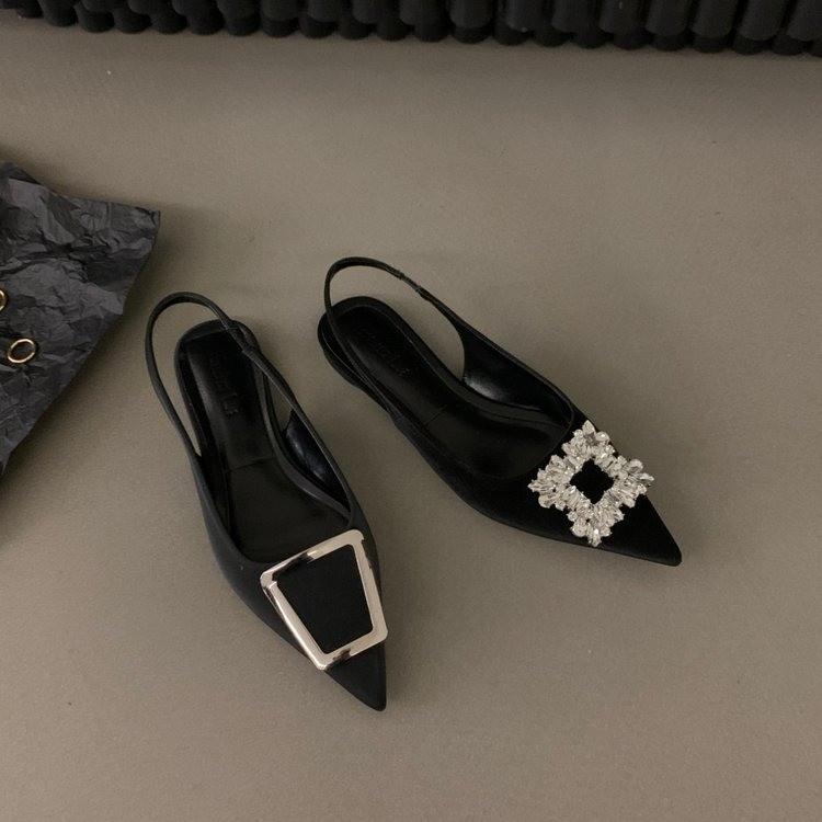 French flat-soled black bag head sandals fairy shoes 2026 new summer pointed rhinestone temperament single shoes women