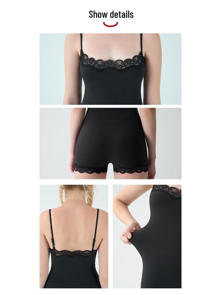 European & American Sexy Lace Slim Jumpsuit with Adjustable Straps, Breathable Nude Boxer Crotch, and Hip-Lifting Design