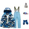 Dětská módní lyžařská souprava pro chlapce a dívky, zateplená, voděodolná, termo lyžařská souprava, pětidílný komplet s bundou a kalhotami