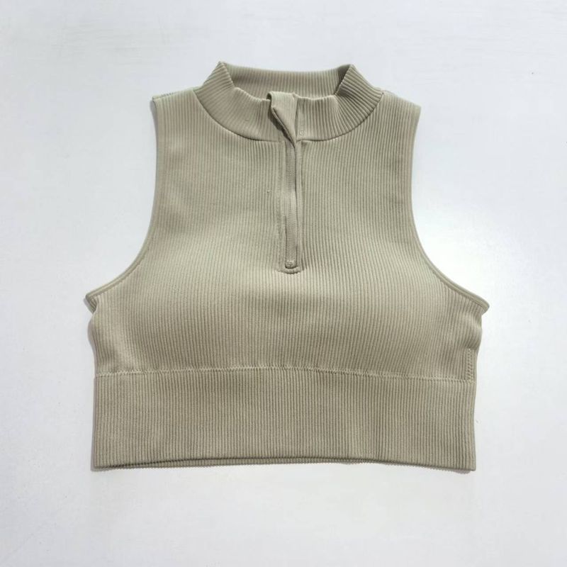 

Export Half Zipped Stand Collar Rib Quick-Drying with Chest Pad Running Beauty Back Fitness Exercise Yoga Clothes Women s Vest Outwear Khaki L