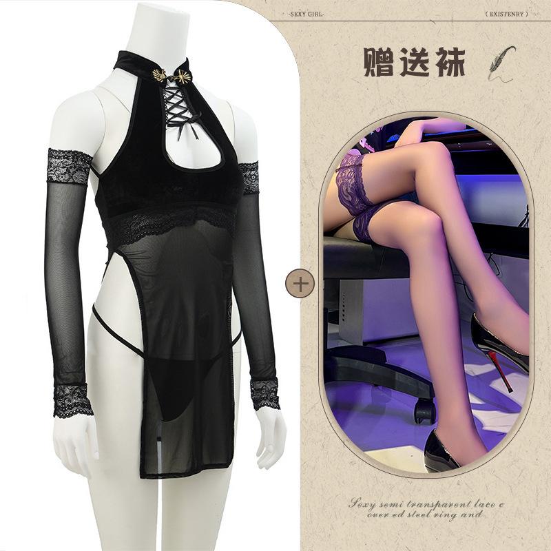 Aishangyou sexy lingerie sexy hollow cheongsam uniform hot split cosplay passion clothes suit