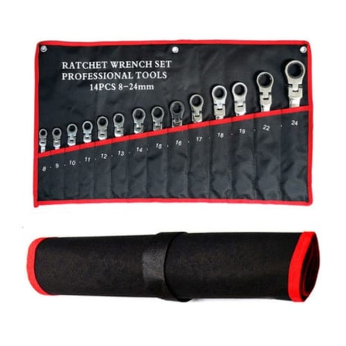 14-Piece Swing Ratchet Wrench Set with Case, 8mm-24mm Flex Ratchet Gear Wrench Set, Automotive and Bicycle Repair Tools, Various Sizes, Spanner, Combi