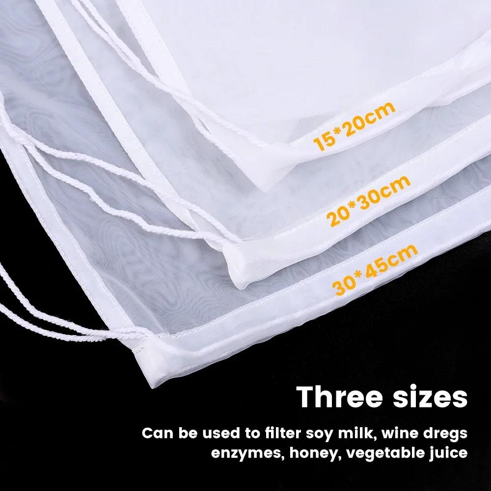 Nylon Milk Filter Bags 100Mesh Reusable Soy Yogurt Tea Beer Coffee Oil Food Filter Net Drawstring Kitchen Strainer Bag Colander
