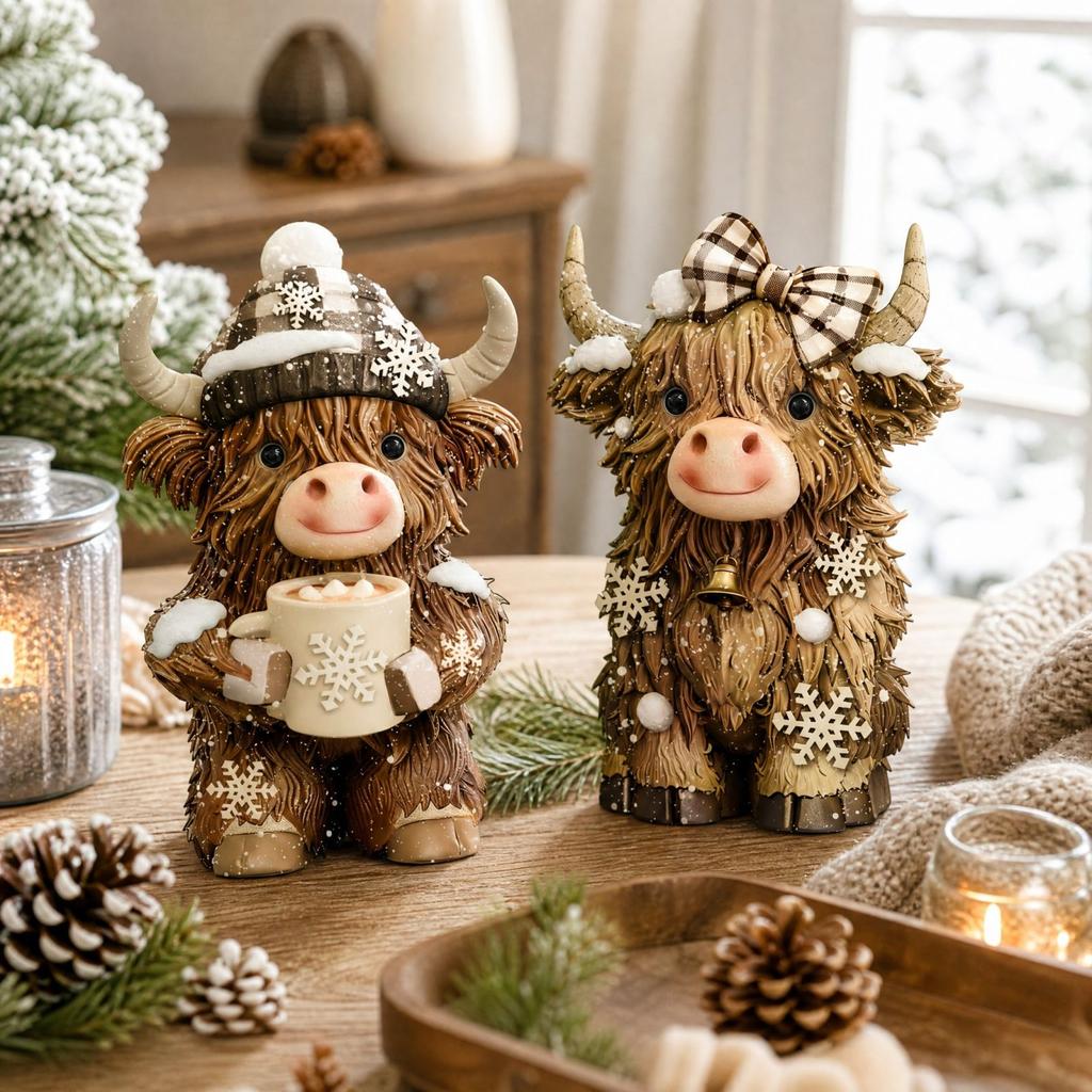 Kuh-Weihnachtsdekoration Set mit 2 Stück, Vintage Schottenkuh-Figuren im Karomuster mit Schneeflocke und Heiß für Tischplatte Eingangsbereich