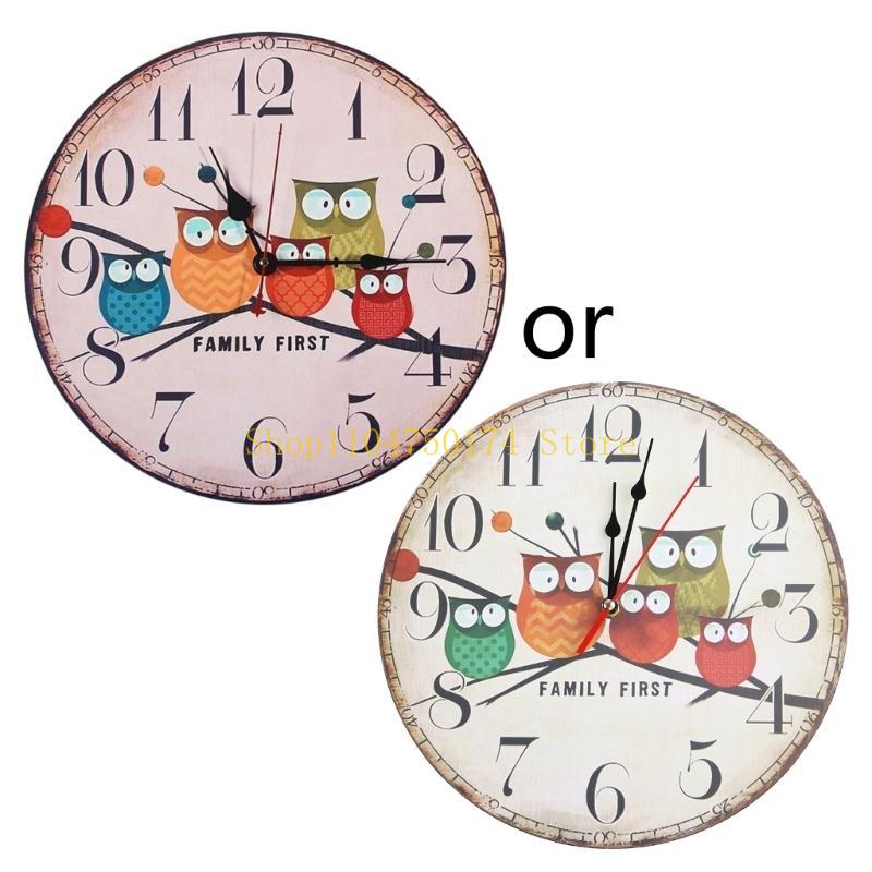 Retro Wooden Wall Clock Owl Rooster Vintage Rustic Non-Ticking Silent Quiet Home Office Kitchen Nursery Living Room Top Sale