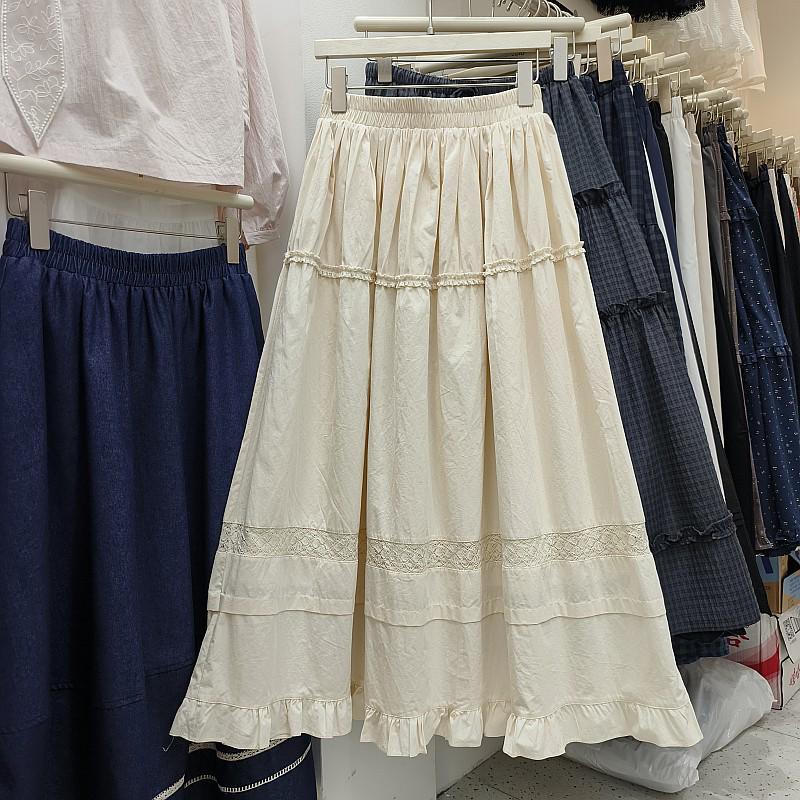 

Осень 2025 Юбка миди с кружевом с высокой талией в корейском стиле - Французская элегантность One Size абрикосовый