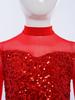 Girls Jazz Dance Jumpsuit: Mock Neck Long Sleeve with Cutout Back & Invisible Zipper, Sheer Mesh Sequins Bodice & Split Bell-Bottoms