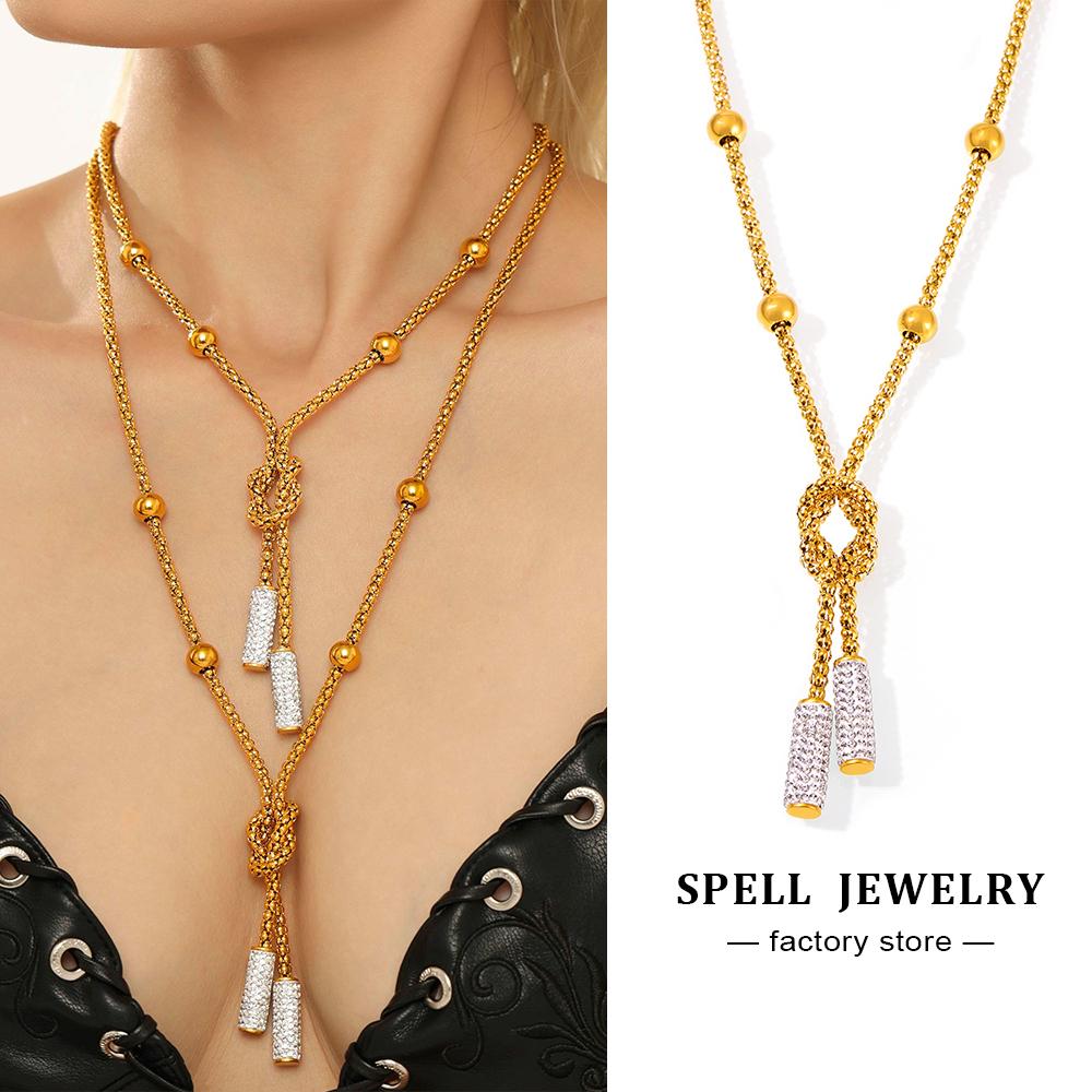 Women's Knot Pendant Necklace In Stainless Steel With Rhinestone Tassel 18k Gold Plated Non Tarnish Matinee Necklaces For Women