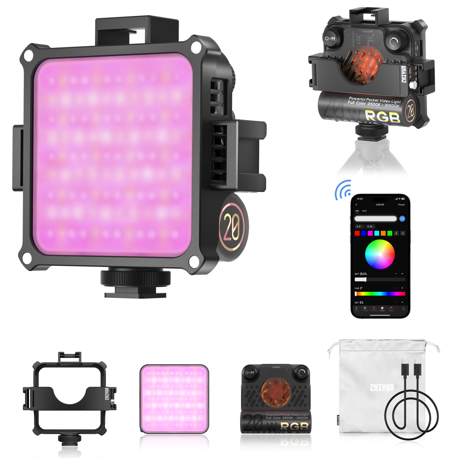 

ZHIYUN FIVERAY M20C 20W RGB LED Video Bluetooth and for YouTube Live and Video Recording Light, 2500K-10000K, Dimmable, Rechargeable, Handheld,