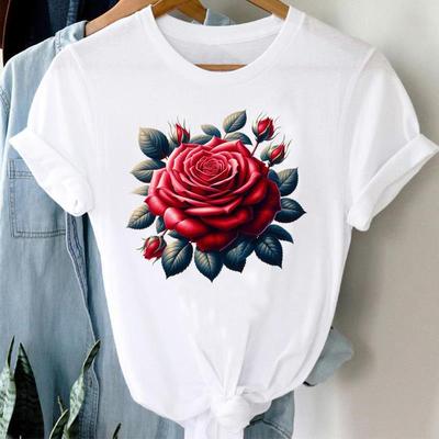 (Asiatische Größe) Casual Tee Top Trend Aquarell Blume Kurzarm T-Shirt Mode Damen Kleidung Bedruckte O-Ausschnitt Damen Weibliche Grafik T-Shirts