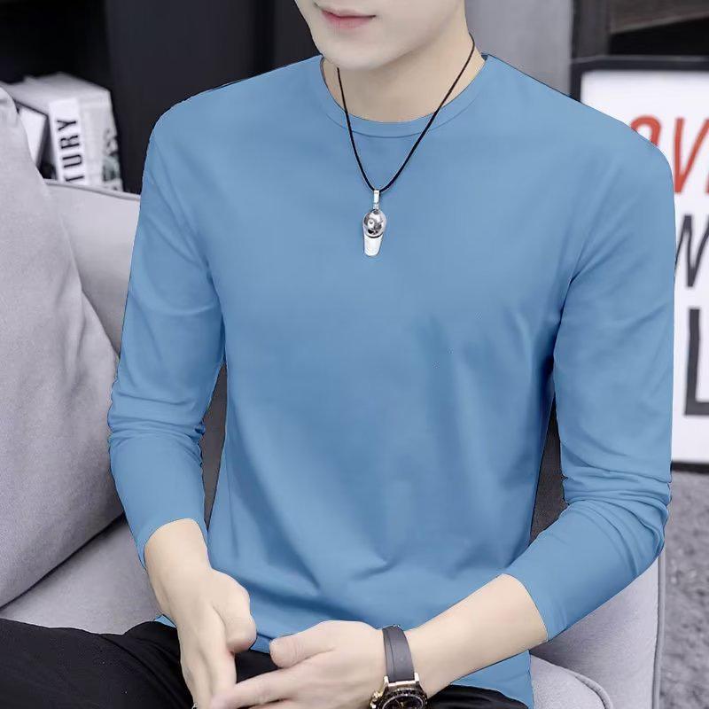 Men's Crew Neck Long Sleeve Slim Fit Pullover – Plus Size Solid Color Casual T-Shirt for Spring & Autumn.