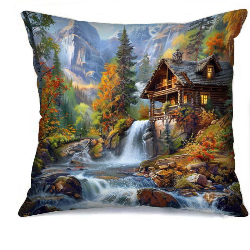 Home Decor Enchanting Waterfall & Cabin Pillow Covers Pattern Cushion Cover Suitable for Sofa Bedroom Car Pillow Cover