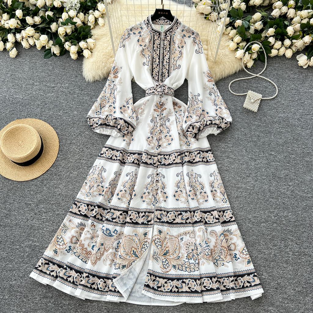 Frühling Herbst Frauen Große Größe Vintage Print Einreiher Lange Maxi Urlaub Party Kleider mit Gürtel