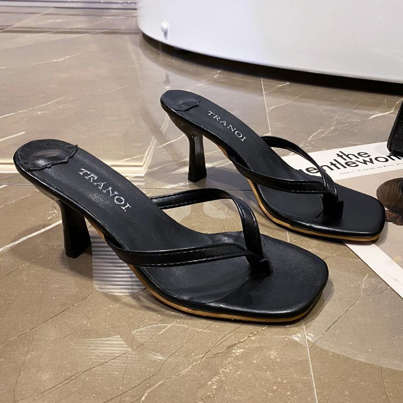 Fashion Square Toe Clip Sandals for Women 2025 Summer New High Heel Flip-flops Large Size Slim Heel Women's Outdoor Leather Slippers