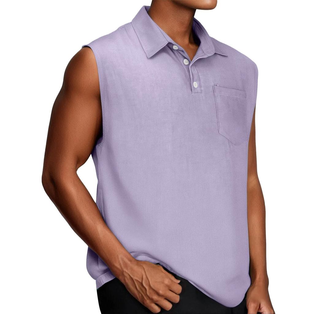 Men's Vintage Wash Sleeveless Polo Shirt Casual Denim Look Tank Top Button Down Vest Summer Beach Streetwear
