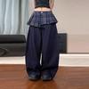 Jeans de Pierna Ancha con Parches a Cuadros para Mujer con Dobladillo en Capas - Otoño Temprano 2025