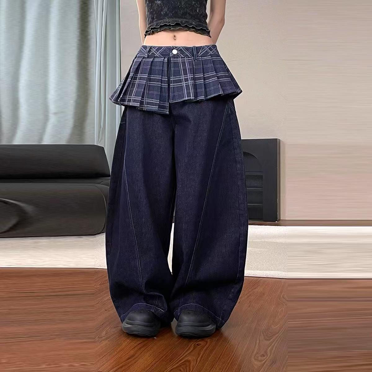 Women s Patchwork Plaid Wide-Leg Jeans with Layered Hem - 2025 Early Autumn Large