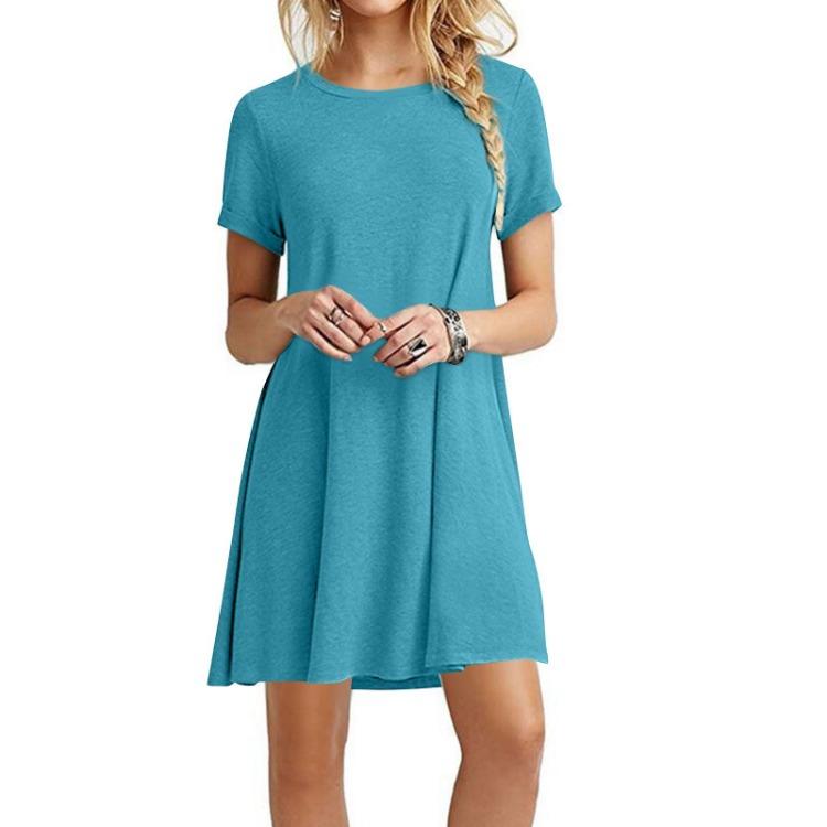 Summer Women Loose Solid Color Dress Short Sleeve Round Neck Large Size
