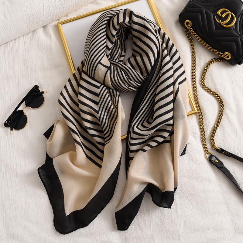 

2023 Cotton Linen Women s Long Scarf: Meander Pattern, Striped, Sun Protection, 180x90 cm