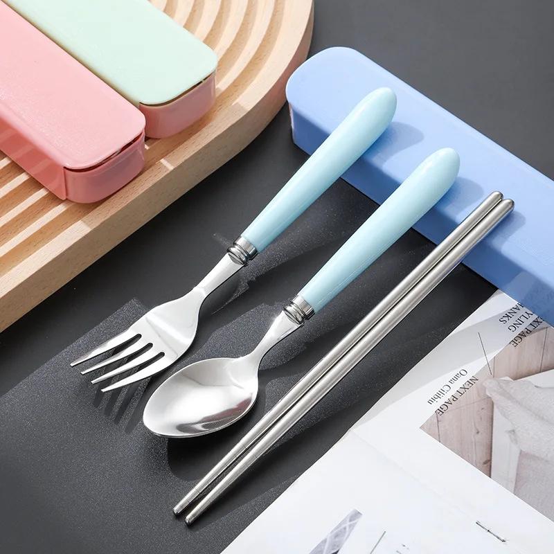 4pcs/set Stainless Steel Portable Fork Spoon Chopsticks Tableware with Storage Box Student Office Worker Cutlery Dinnerware Set