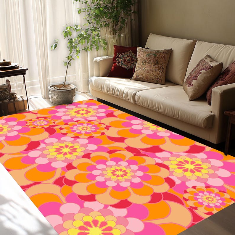 

Pink Orange , Flower,Retro Flower ,Flower Pattern ,Popular Flower,Pink Orange Decor,, Popular Retro,Colorful Rug 60*90cm