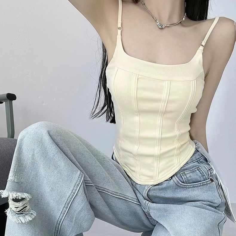 Spicy Girl Fishbone Sexy One-piece Tank Top with Chest Cushion and Camisole Summer Women's Base Outer Wear Sleeveless Top Covering The Flesh