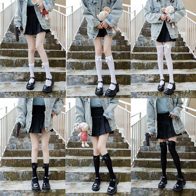 Women'S Socks, Velvet Thin Bow Jk Style College Socks, Solid Color Medium Tube Knee Socks