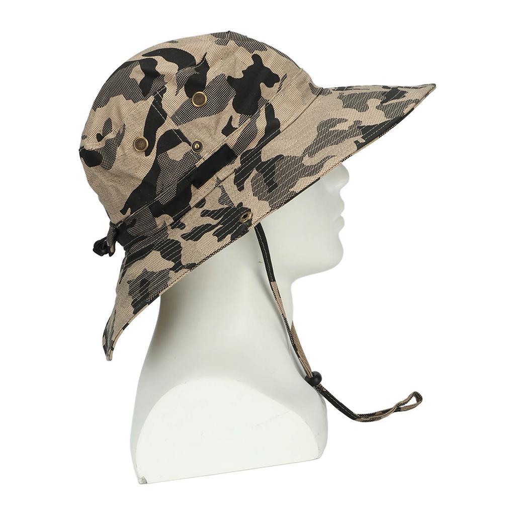 UPF50+ Fishing Hat with Mesh Vents Adjustable Strap Wide Brim Khaki Camouflage Sun Hat for Outdoor Hiking