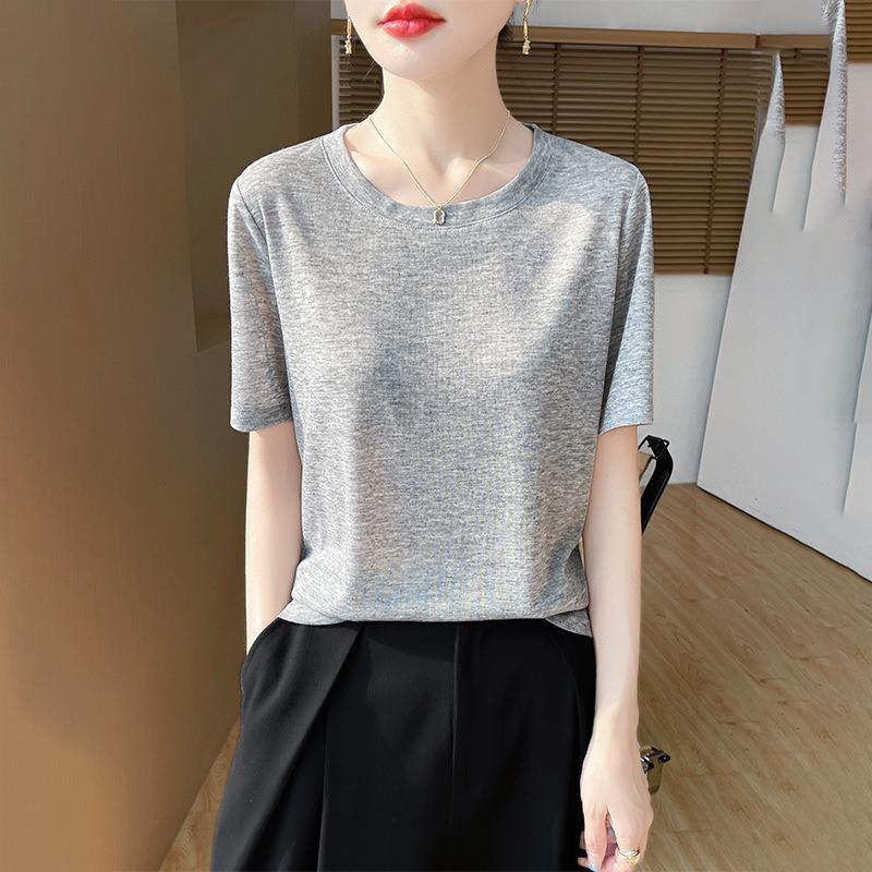 Damen Sommer Neu Lycra Stoff Rundhals Kurz Dünn Weich Hautfreundlich T-Shirt Kurzarm Vielseitige Oberteile