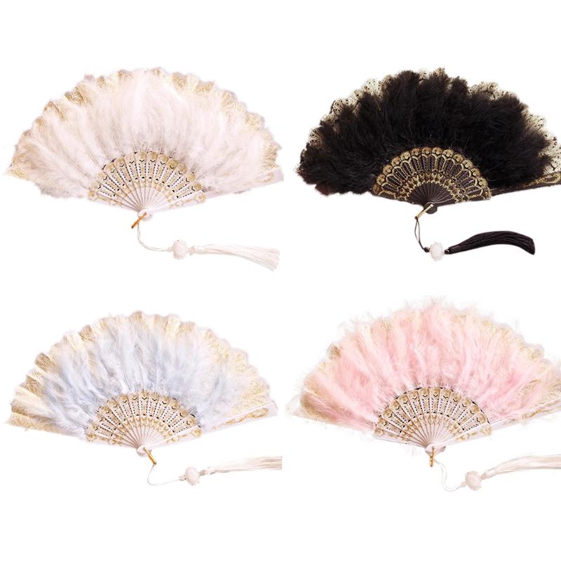 Wedding Feather Hand Fan Handmade Retro Lace Feather Fans for Wedding Party Gift Chinese Luxurious Wedding Decoration