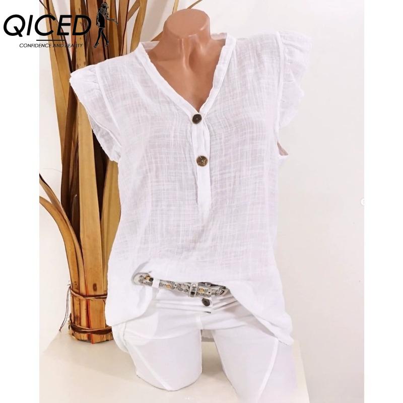 

QICED Женская Мода Повседневные Однотонные Блузки и Рубашки без Рукавов с V-образным Вырезом XXL белый