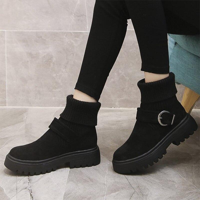 Women Ankle Boots Flock Patchwork Short Plush Slip-On Platform Belt Buckle Female Boot Comfortable Leisure Lady Winter Footwear