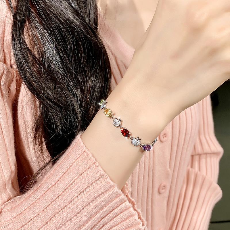 Light luxury rainbow egg-shaped crystal stone jewelry s925 sterling silver bracelet natural crystal apple design niche high-end fashion jewelry gifts
