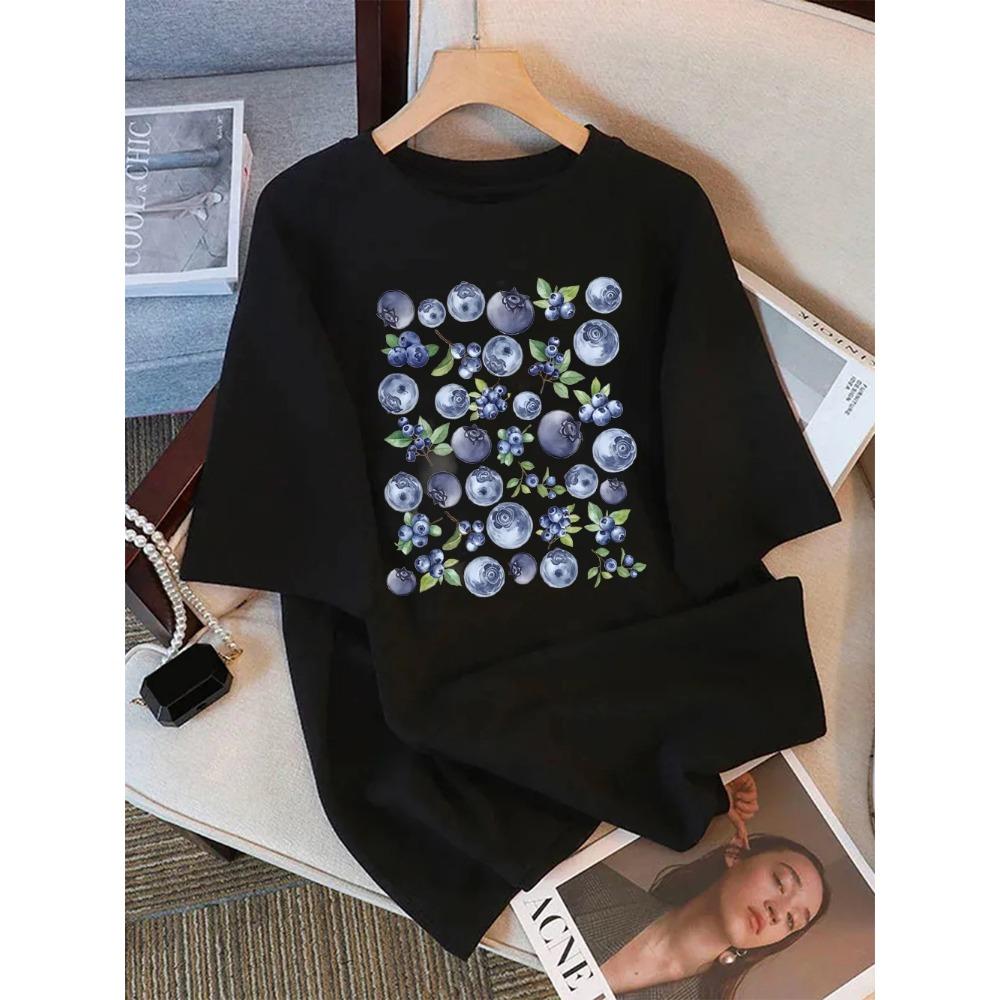 

Summer T-Shirts Womens Fresh Blueberry Fruits Printing Tops Soft Loose O-Neck Tee Shirt Holiday Womans Clothes S