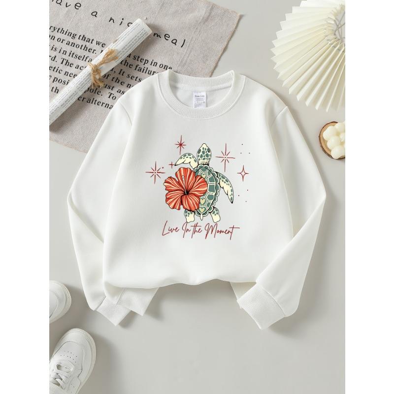 European Sizes Girls' Long-Sleeve Round Neck Sweatshirt "Turtle Hibiscus" Print, Spring/Autumn, Casual, Daily & Sports.