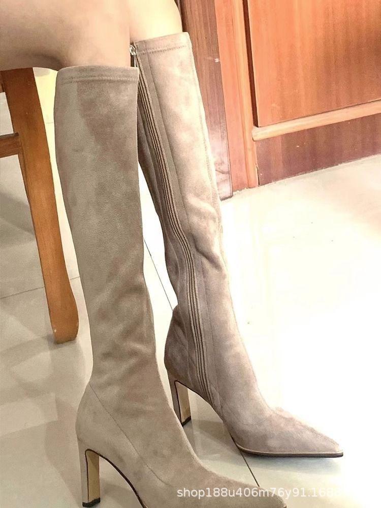 2025 autumn and winter new French temperament apricot suede elastic thin boots but knee knight high boots thick heel