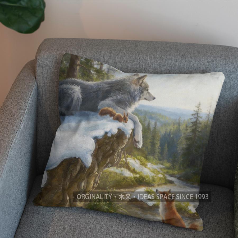 2D Wolf auf malerischen Wiesen Bedruckte Kissenbezüge Muster Kissenbezug Geeignet für Sofa Schlafzimmer Auto Kissenbezug
