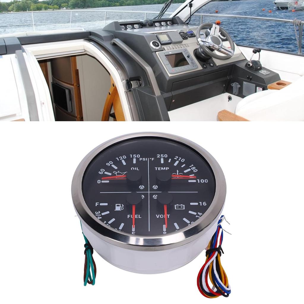 110mm 4 3/8in 4 in 1 Multifunction Gauge DC 12V 0-150PSI Oil Pressure Fuel Level 100-250℉ Water Temp 8-16V Voltmeter for RV Boat Truck (Black Dial