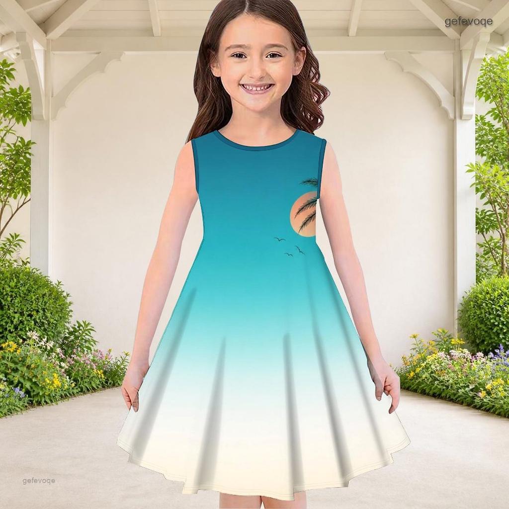 Little Girls Round Neck Sleeveless Clover Printed A Line Flared Dress
