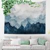 Navy Blue Watercolor Mountains Wall Tapestry, Sky Wall Hanging Large Tapestry Decoration Polyester Fiber White Hem Around for