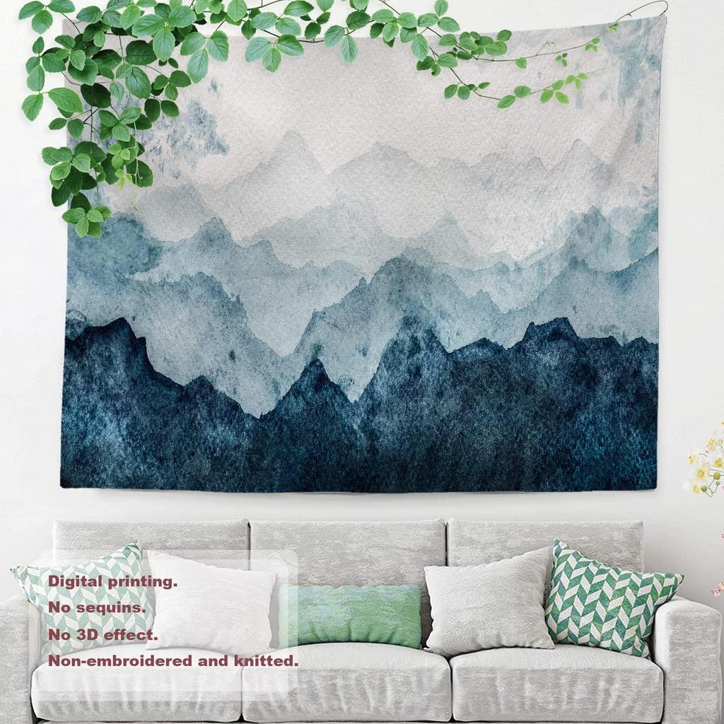 Navy Blue Watercolor Mountains Wall Tapestry, Sky Wall Hanging Large Tapestry Decoration Polyester Fiber White Hem Around for