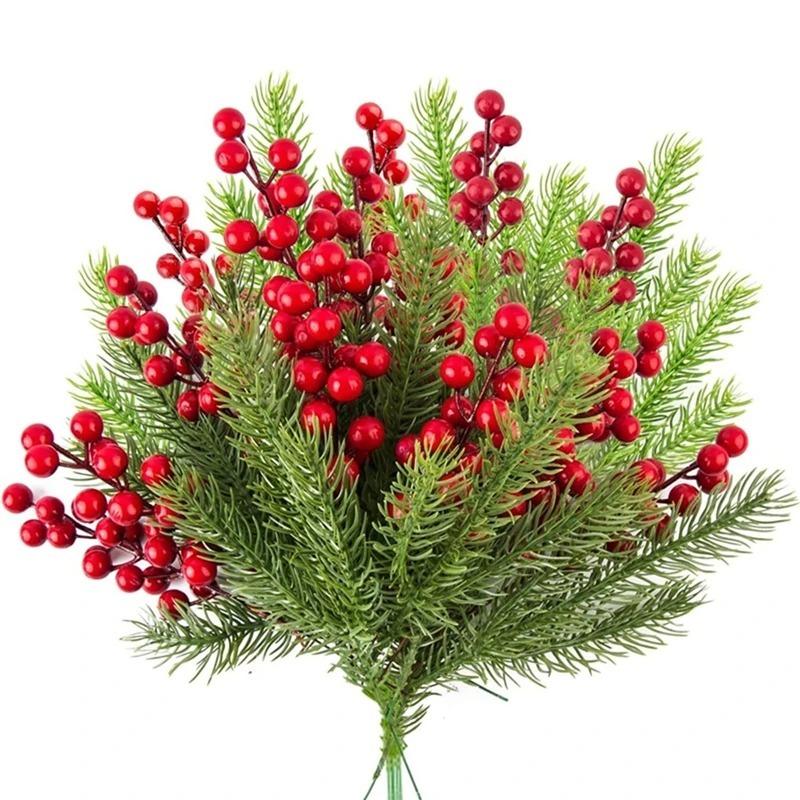 10Pcs Red Cherry Artificial Pine Branches Holly Berries Christmas Decoration Home Room Decor Wedding Decor New Year Wreath Gift