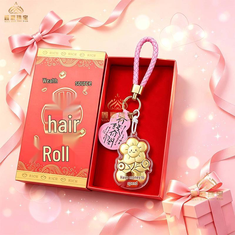 Shuibei 999 Fine Gold Gourd Pendant Keychain with Cute Money Flower Design