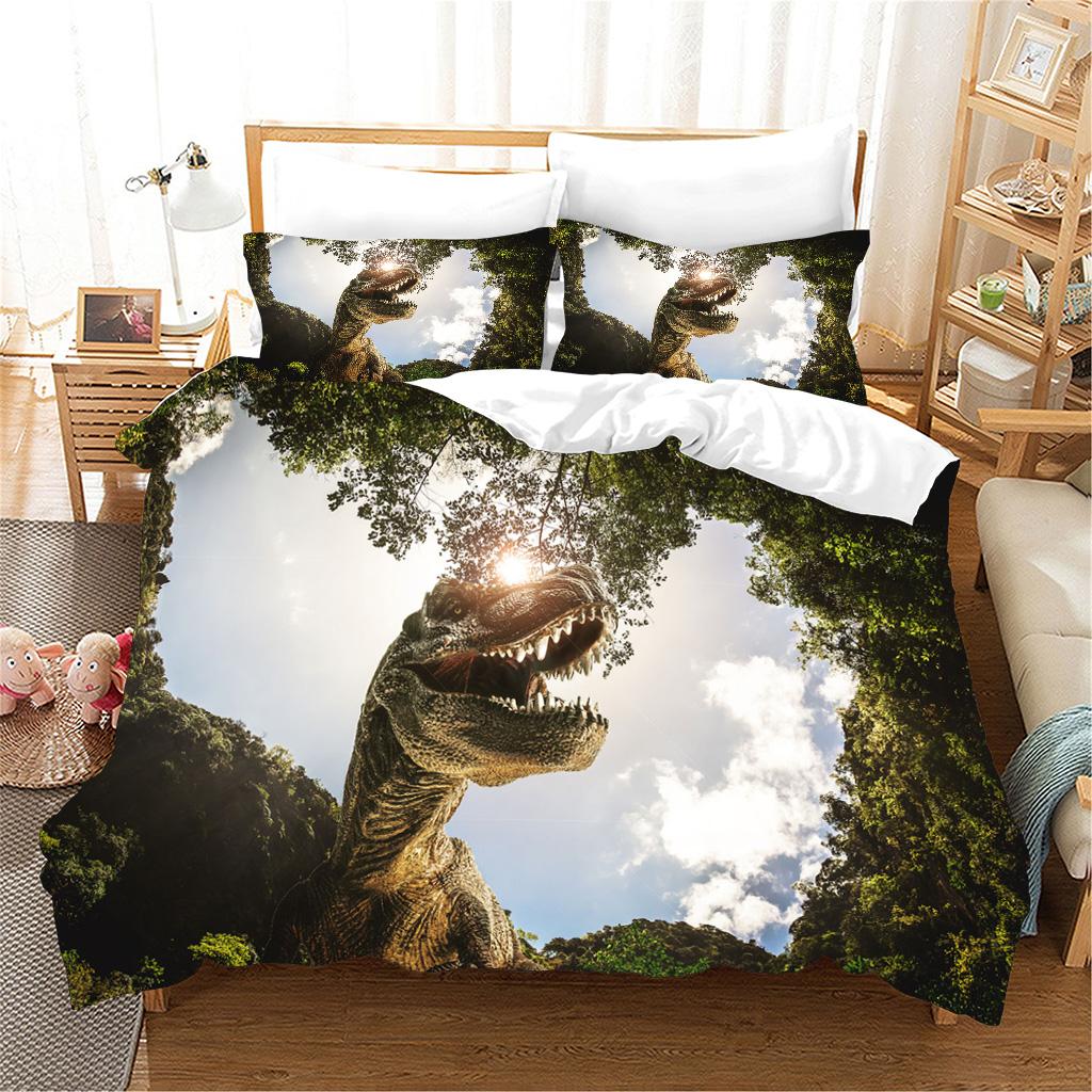 3 stk Sengesett 3d Dinosaur World Tyrannosaurus Rex Kids Barn Mikrofiber Polyester Seng Dynetrekk Sett Og 2 stk Putetrekk