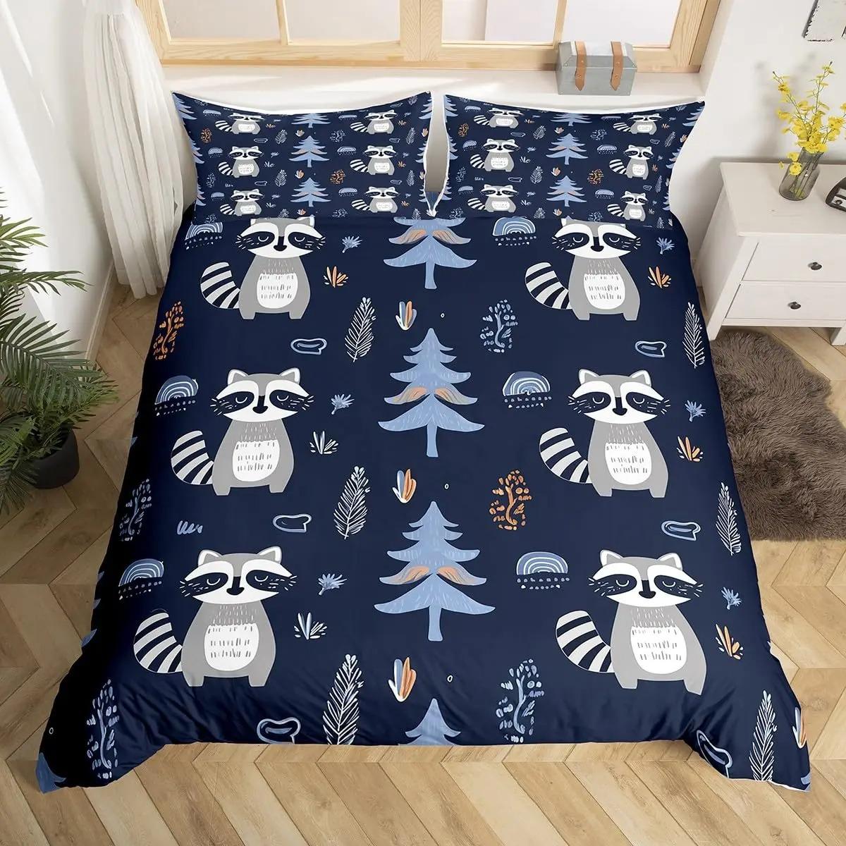 Raccoon Bedding Set For Boys Kids Girls Cute Cartoon Wildlife Duvet Cover Lovely Animals Comforter Cover Polyester Quilt Cover 135x200cm