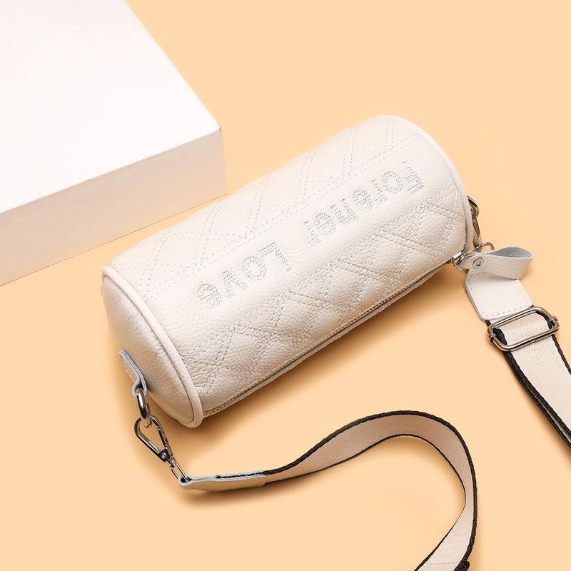Soft Leather Women'S Bag First Layer Cowhide Cylinder Bag Trendy Fashion Wide Shoulder Strap Single Shoulder Messenger Bag