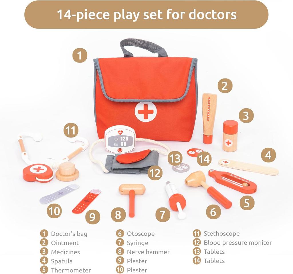 Wooden Pretend Play Red Doctor's Kit Educational Toys for Children Medical Simulation Medicine Chest Set for Kids Role Playing